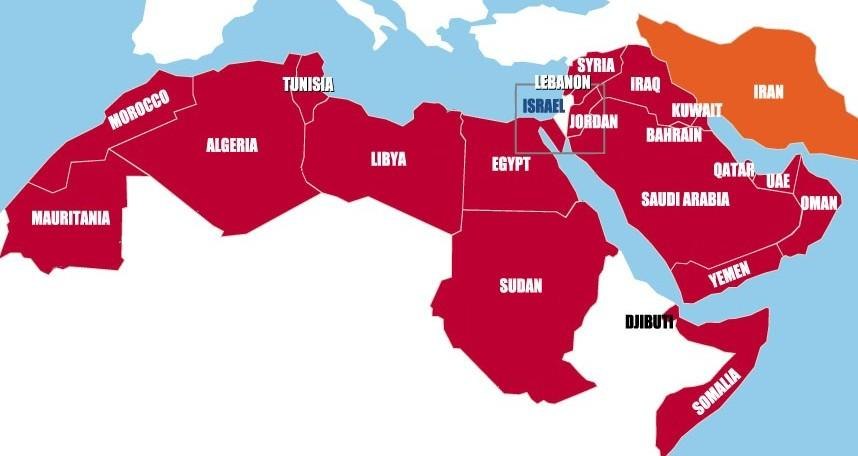 Map of Israel & the Arab World plus Iran - 