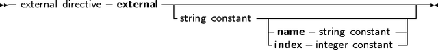 --external directive external-|---------------------------------------
                         -string constant-|----------------------
                                        |name - string constant-|
                                        -index -integer constant-
     